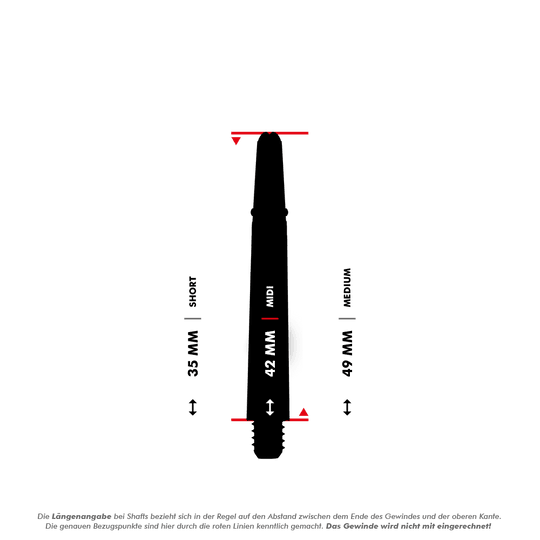 _Harrows_Carbon_360_Shafts_5_42mmBd4fkHYc96FKf Das Bild zeigt eine schwarze Dart-Schafte mit Längenangaben in Millimetern. Die mittlere Länge „MIDI“ beträgt 42 mm und ist zwischen „SHORT“ (35 mm) und „MEDIUM“ (49 mm) eingeordnet.