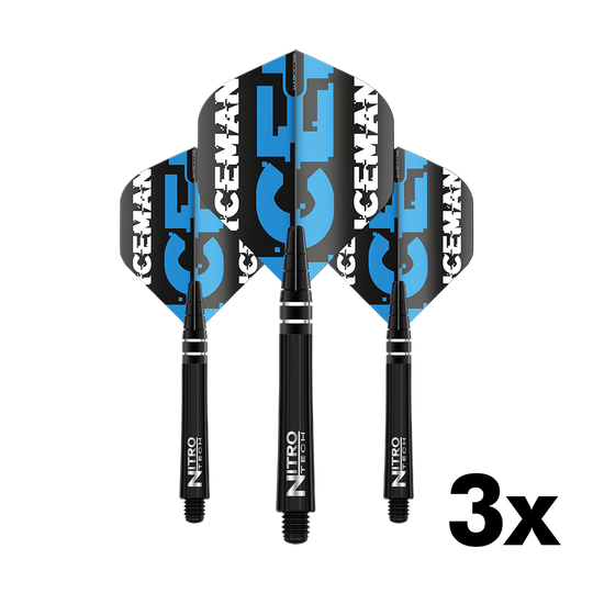 Das Bild zeigt das 'Red Dragon Gerwyn Price Flight Shaft Combo Pack V2' mit drei schwarzen Dartschäften und passenden Flights. Auf den Flights steht in blau-weißer Schrift "ICEMAN".
