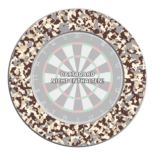 McDart Camo Dartboard Surround Hier ist ein Dartboard-Surround im Wüstendesign abgebildet. Es dient zum Schutz der Wand und verleiht dem Spielbereich einen besonderen Stil.