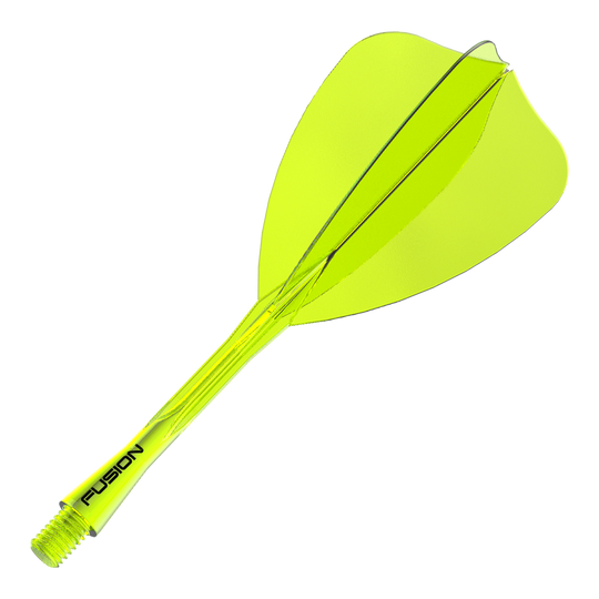 Das Bild zeigt ein Winmau Fusion Flight Shaft System in Neon-Gelb mit einer Länge von 34mm. Es ist ein Zubehörteil für Darts-Spieler und dient als Schaft für Dartpfeile.