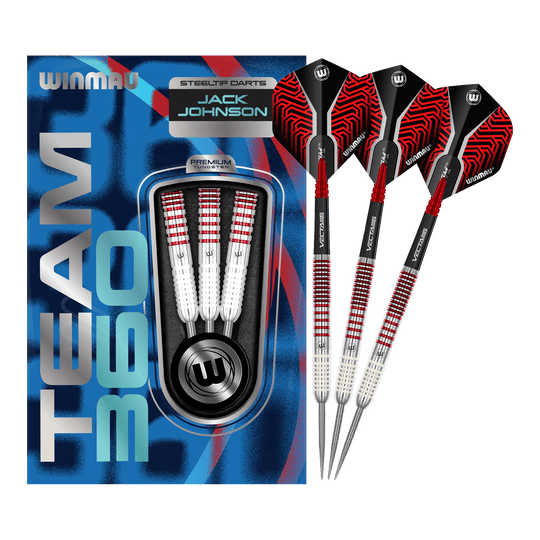 Winmau Team 360 Jack Johnson steel darts - 24g Das Bild zeigt das komplette Set der Winmau Team 360 Jack Johnson Steeldarts mit 24g. Die Steeldarts sind für präzises Werfen entwickelt.