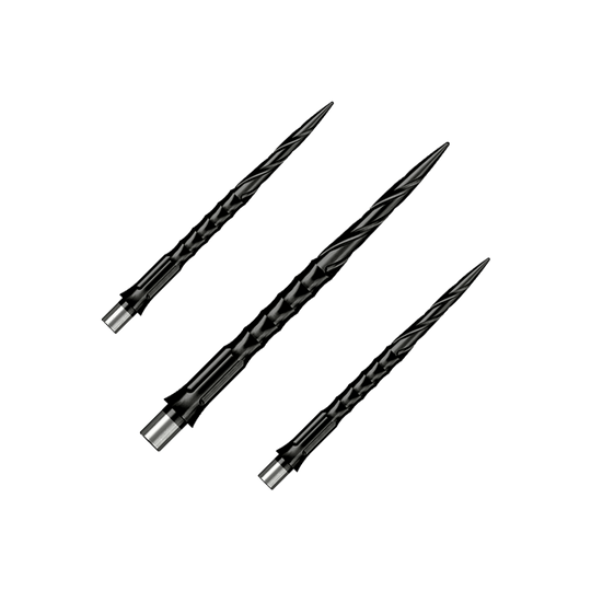 Caliburn System steel dart tips - Spiro - No Lip - Black Gezeigt wird ein Set von Steeldartspitzen Caliburn Evo System Spiro NoLip Black, 36mm. Die Spitzen sind für Steeldarts geeignet und schwarz gefärbt.