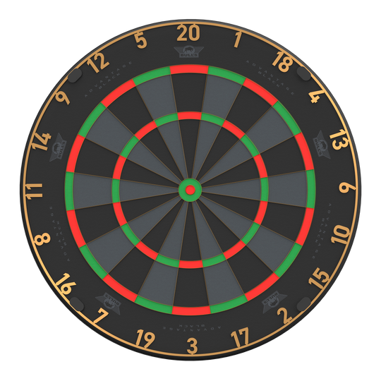 Bulls NL Advantage Black Edition steel dartboard Das Bild zeigt ein BullsNL Advantage Black Edition Steeldartboard. Es handelt sich um ein Produktbild des Dartboards.