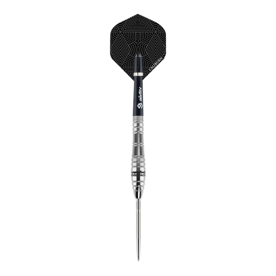Dies ist ein Steeldart des Produkts "Caliburn Wolfpack W2" mit einem Gewicht von 22g. Der Dart hat ein silbernes Barrel und einen schwarzen Flight mit geometrischem Muster.