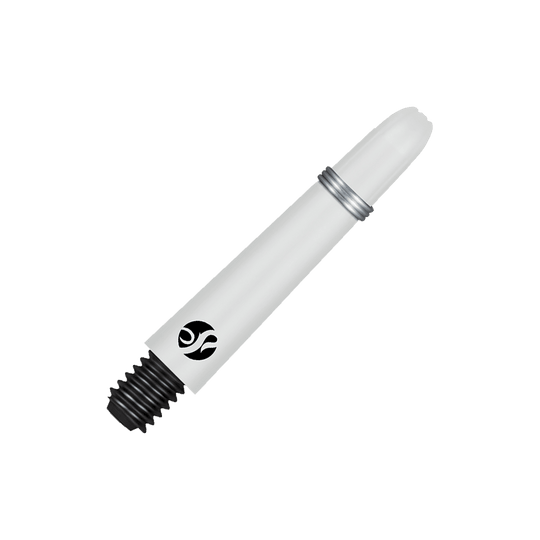 Shot Koi Carbon Shafts - White Das Bild zeigt einen weißen Carbon-Schraubschaft mit einem schwarzen Gewinde. Auf dem Schaft ist ein kleines schwarzes Logo zu sehen.