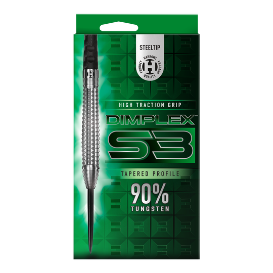 Harrows Dimplex S3 Tapered Steel Darts Das Bild zeigt die Verpackung der "Harrows Dimplex S3 Tapered Steeldarts". Die Verpackung ist grün und hebt den hohen Wolframanteil von 90% sowie den hohen Grip hervor.