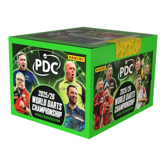 Dies ist die Panini PDC World Darts Championship 2025/26 Stickerbox mit 65 Tüten. Die Box ist für das Sammeln von Stickern zur Darts-Weltmeisterschaft geeignet.