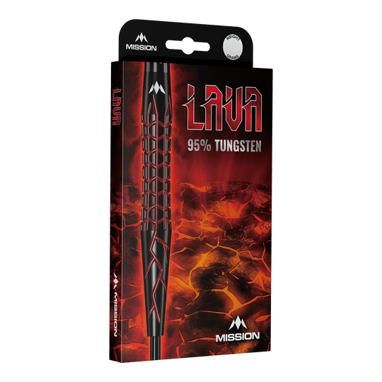 Mission Lava Steeldarts Die Abbildung zeigt die Verpackung der Mission Lava Steeldarts. Auf der Schachtel steht "Lava 95% Tungsten" vor einem feurigen Lava-Hintergrund.