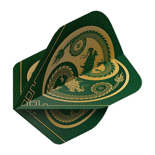 Pentathlon Flights Dragon green Das Bild zeigt die Pentathlon Dragon 3 Standard Flights. Sie sind grün mit einem goldenen Drachenmotiv verziert.