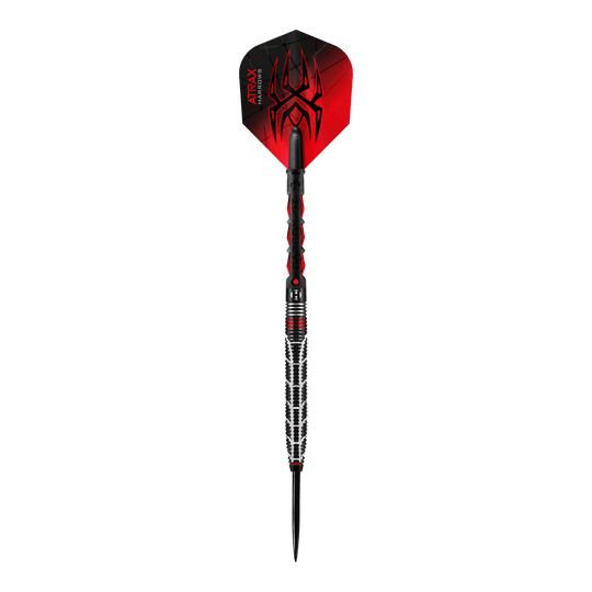 Harrows Atrax Steeldarts Das Bild zeigt einen modernen Steeldartpfeil mit auffälligem Design. Die Flights sind rot-schwarz und tragen ein Spinnennetzmuster mit der Aufschrift "ATRAX".