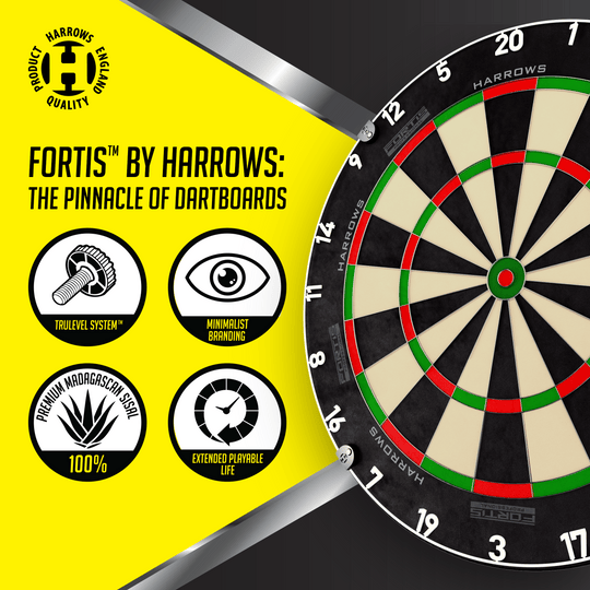 Harrows Fortis steel dartboard Das Foto zeigt ein Harrows Fortis Steeldartboard. Es ist für professionelle Dartspieler geeignet.