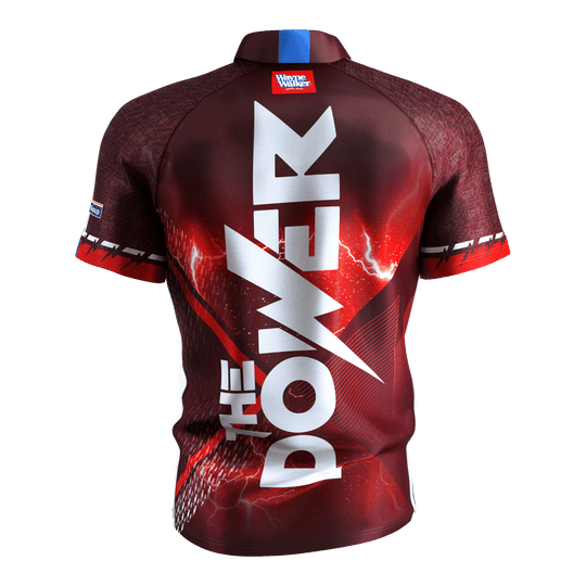 Target Coolplay Phil Taylor 2025 dart shirt Das Bild zeigt das "Target Coolplay Phil Taylor 2025 Dartshirt" von hinten. Auf dem Rücken steht in großen weißen Buchstaben "THE POWER".