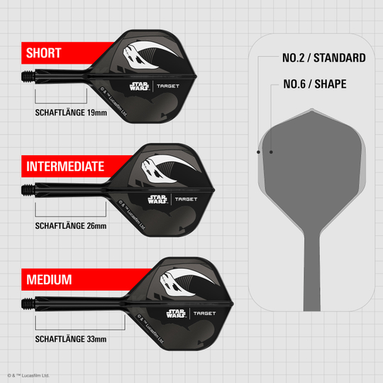 Target Star Wars K-Flex Set Mandalorian No2 Standard Flights Das Bild zeigt das Target Star Wars K-Flex-Set Mandalorian No2 Standard Flights. Es handelt sich um zwei Dart Flights mit Mandalorian-Motiv aus Star Wars.
