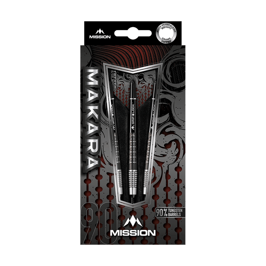 Mission Makara M2 soft darts - 20g Das Bild zeigt die Verpackung der Mission Makara M2 Softdarts mit einem Gewicht von 20g. Die Darts bestehen zu 90 % aus Tungsten und sind ansprechend gestaltet.
