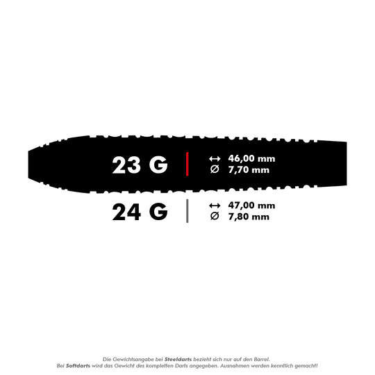 67163_Shot_ZEN_Juji_Steeldarts_5_23g Das Bild zeigt die Maße und Gewichte von Steeldarts mit 23 g und 24 g. Die 23 g Variante ist 46,00 mm lang und hat einen Durchmesser von 7,70 mm, während die 24 g Variante 47,00 mm lang und 7,80 mm dick ist.
