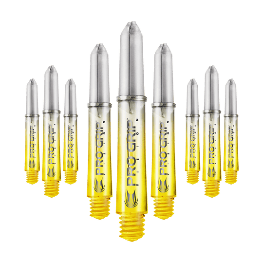 Target Pro Grip Vision Shafts - 3 Sets - Yellow Das Bild zeigt neun gelbe Dartschäfte mit silberfarbenen Spitzen, auf denen "PRO GRIP VISION" steht. Sie sind in einer leicht gebogenen Reihe angeordnet.