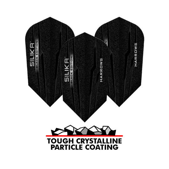 Harrows Silika Black Edition Slim Flights Auf dem Bild sind die Harrows Silika Black-Edition Slim Flights zu sehen. Unten steht der Text „TOUGH CRYSTALLINE PARTICLE COATING“ mit einer Grafik von Kristallen darüber.