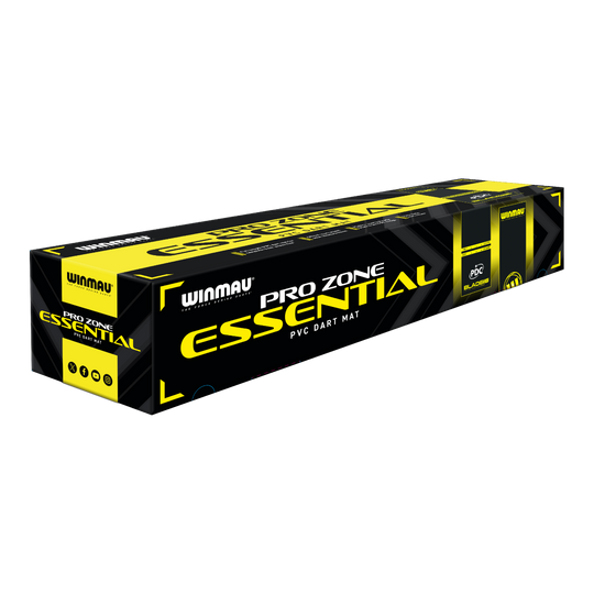 Winmau Pro-Zone Essential PVC dart mat Die Abbildung zeigt die Verpackung der 'Winmau Pro-Zone Essential PVC Dartmatte'. Die Box ist in den Farben Schwarz und Gelb gestaltet und trägt deutlich das Produktlogo.