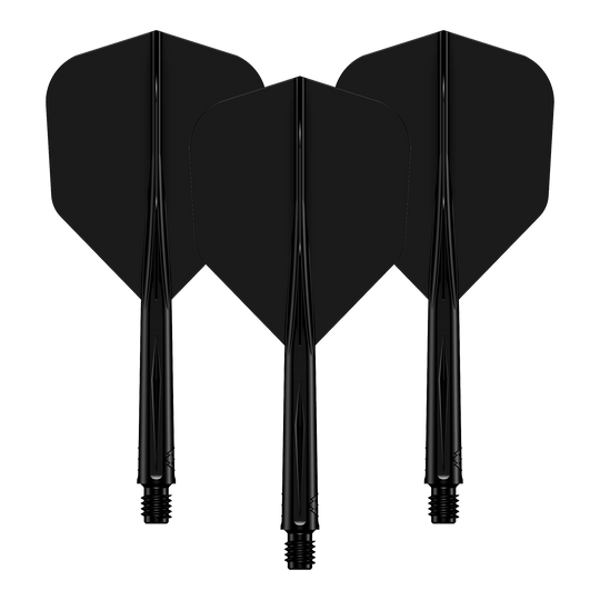 Das Bild zeigt drei schwarze Dart-Flights mit daran befestigten Schäften. Sie sind nebeneinander angeordnet und haben ein schlichtes, einfarbiges Design.