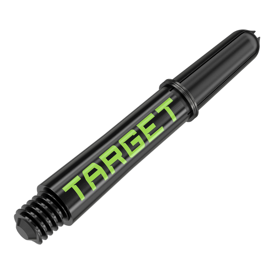 Target Pro Grip TAG Shafts - 3 Sets - Black Green Dies ist ein schwarzer Dartschaft mit grünem "TARGET"-Schriftzug. Er hat ein Schraubgewinde an einem Ende und ist 34 mm lang.