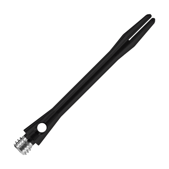 HR368_Harrows_Keramic_Shafts_Schwarz_47mm_2 Das Bild zeigt einen matt schwarzen Harrows Keramic Shafts für Darts. Der Schaft ist schlank und hat ein silbernes Gewinde am unteren Ende.