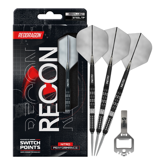 Red Dragon Recon Parallel Steeldarts Das Bild zeigt die Red Dragon Recon Parallel Steeldarts in voller Länge. Die Steeldarts haben ein modernes Design.