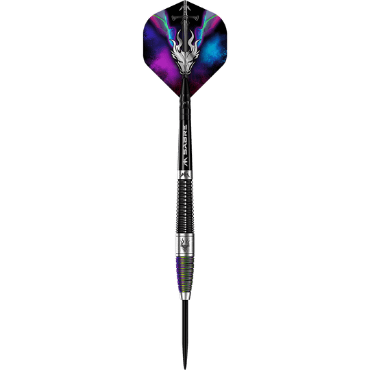 M001317_Mission_Occult_Steeldarts_1KK6q7Buc5bUKO Das Bild zeigt den Mission Occult Steeldart mit einem Gewicht von 23 Gramm. Der Dart hat ein auffälliges Flight-Design mit leuchtenden Farben und einem silbernen Muster.