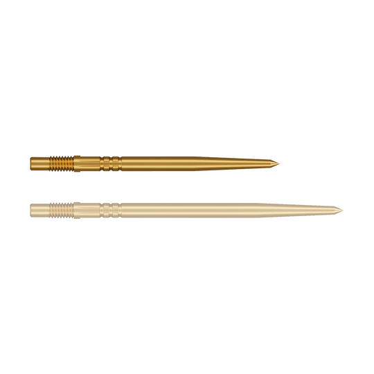 Shot Turbo Point Dart Tips - Gold Eine einzelne, goldfarbene Dartspitze mit glatter Oberfläche ist zu sehen. Sie hat ein filigranes Design.