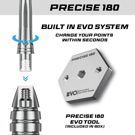 Auf dem Bild sind die Precise 180 MRV1 Steeldarts - 23g zu sehen. Diese Darts sind für ihre Präzision und Qualität bekannt.