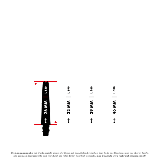 L-L-Style-Shafts Locked Straight - Clear Das Bild zeigt vier verschiedene Längen von Dartshafts mit den Abmessungen 26 mm, 32 mm, 39 mm und 46 mm. Die rote Linie markiert, dass die Längenangabe ohne das Gewinde gemessen wird.