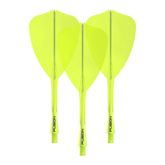Das Bild zeigt das Winmau Fusion Flight Shaft System Arrow Set in Neongelb mit einer Länge von 34 mm. Es handelt sich um ein Set für Dartpfeile.