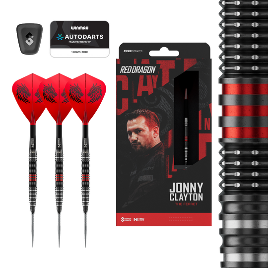 Red Dragon Jonny Clayton RD-PRO Switch Point Steel Darts Dieses Bild zeigt die Red Dragon Jonny Clayton RD-PRO Switch Point Steeldarts. Die Darts liegen auf einem hellen Hintergrund.