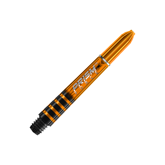 Das Bild zeigt einen orangefarbenen Winmau Prism Force Shaft. Auf dem Shaft steht der Schriftzug "PRISM FORCE" in weißer Schrift.