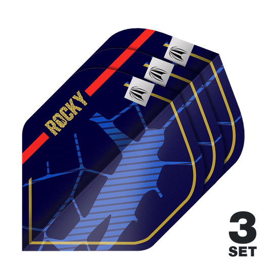 Target Pro Ultra Josh Rock GEN1 No2 Standard Flights - 3 Sets Das Bild zeigt drei Sätze dunkler Dartflights mit dem Schriftzug "ROCKY" und einem auffälligen blauen Muster. In der rechten unteren Ecke steht die Aufschrift "3 SET".