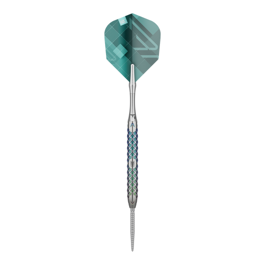 Target Rove 01 Swiss Point steel darts Das Bild zeigt den Target Rove 01 Swiss Point Steeldart. Der Dart hat ein silbernes Barrel mit einem blauen Muster und grüne Flights.