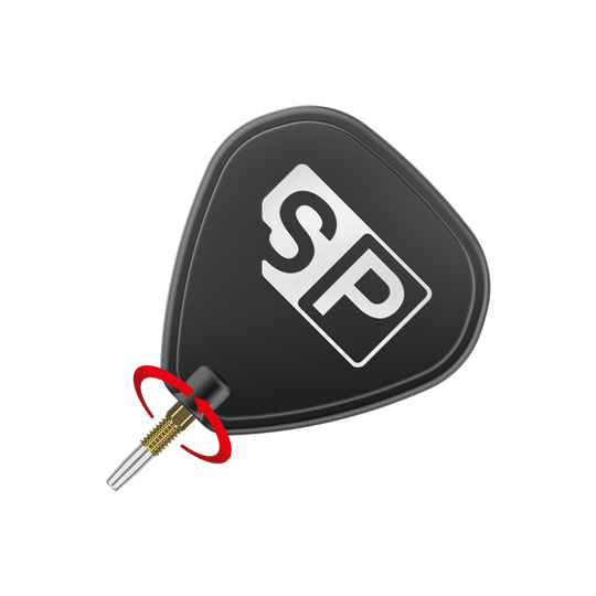Target Swiss Point Gold dart tips Das Bild zeigt eine schwarze Dart-Flügel mit den weißen Buchstaben "SP" darauf. Unten ist eine goldene Dartspitze mit einem roten Pfeil, der eine Drehbewegung anzeigt.