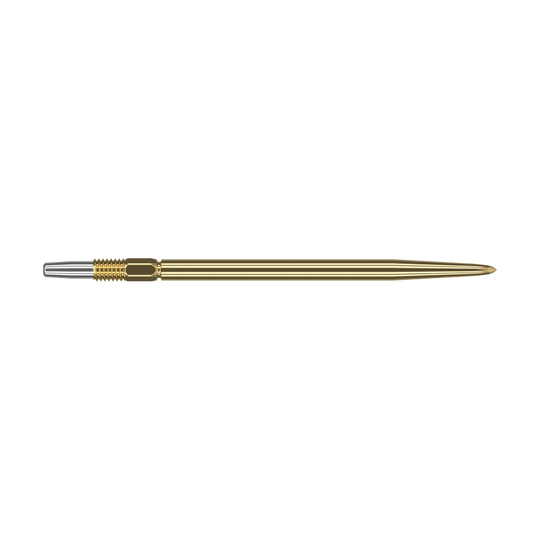Target Swiss Point Gold dart tips Auf dem Bild ist eine goldene Dartspitze zu sehen. Sie ist schlank, lang und hat ein silbernes Ende zum Befestigen am Dartpfeil.