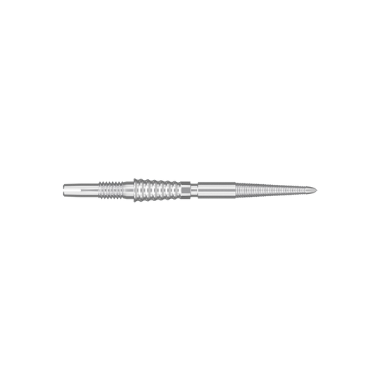 Target Swiss Storm LNC dart tips - silver Das Bild zeigt eine silberne Dartspitze. Sie ist lang, schmal und hat ein geriffeltes Griffstück in der Mitte.