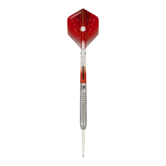 Unicorn Core XL Striker Style 5 steel darts Das Bild zeigt einen Unicorn Core XL Striker Style 5 Steeldart. Der Dart hat einen silbernen Schaft und eine rot designte Flights.