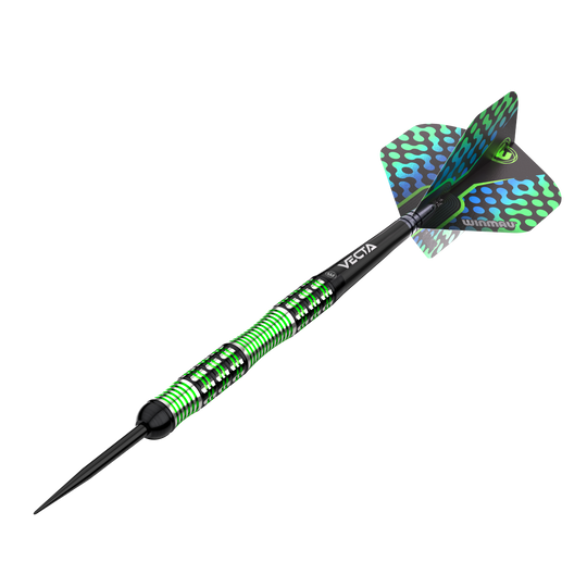Winmau Brendan Dolan steel darts Das Bild zeigt einen Winmau Brendan Dolan Steeldart. Der Dart hat ein auffälliges Design mit grünen und schwarzen Akzenten.