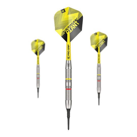 Target Gabriel Clemens Brass Softdarts - 18g Das Bild zeigt drei Target Gabriel Clemens Brass Softdarts mit einem Gewicht von 18g. Die Darts haben gelb-schwarze Flights und einen silbernen Barrel mit farbigen Ringen.