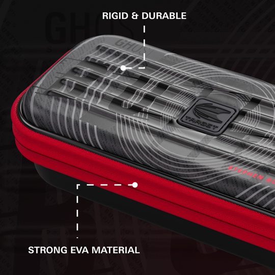 Auf dem Bild ist das Takoma Ghost Series Stephen Bunting Dartcase zu sehen. Es ist eine Schutztasche für Darts mit dem Design von Stephen Bunting.