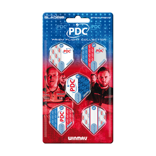 Winmau PDC Prism Flight Collection Das Bild zeigt die "Winmau PDC Prism Flight Collection", eine offizielle Sammlung von Dart-Flights. Die Verpackung ist blau-rot gestaltet und zeigt fünf verschiedene Flights sowie Bilder von Dartspielern.