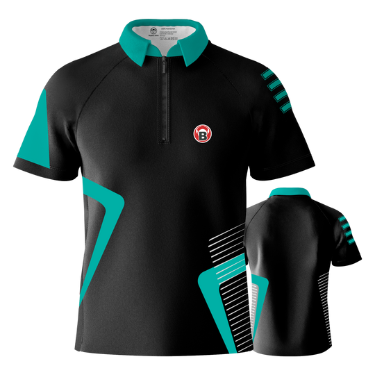Bulls Team Dart Shirt - Mint Das Bild zeigt das Bulls Team Dartshirt in der Farbe Mint. Das Shirt ist überwiegend schwarz mit mintfarbenen Akzenten und einem kleinen Logo auf der Brust.