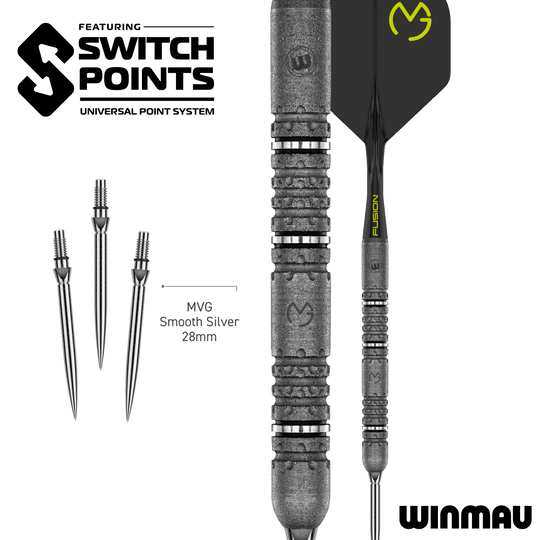 Zu sehen sind die Winmau MvG Signature Edition Switch Points Steeldarts. Sie eignen sich ideal für ambitionierte Dartspieler.