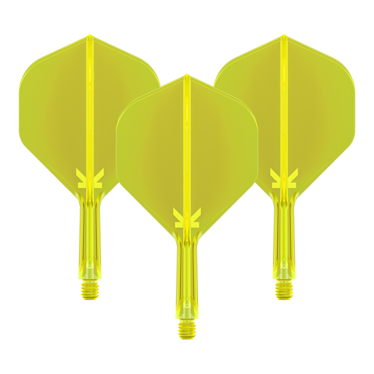 Target K-Flex No2 Standard Flight System - Neon Yellow Abgebildet ist das Target K-Flex No2 Flight-System in Neon-Gelb, 19mm. Es handelt sich um ein Set Dart-Flights und -Shafts für den Dartsport.