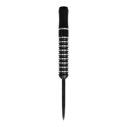 Das Bild zeigt einen McDart Void Steeldart Barrel mit einem Gewicht von 23g. Der Dart hat ein schwarz-silbernes Rillenmuster und eine spitze Metallspitze.
