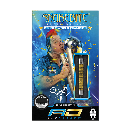 Red Dragon Peter Wright Double World Champion SE Gold Plus Softdarts - 20g Das Bild zeigt die Verpackung der "Red Dragon Peter Wright Double World Champion SE Gold Plus Softdarts - 20g". Auf der Verpackung ist ein Bild von Peter Wright mit Pokal und einem goldfarbenen Dart abgebildet.