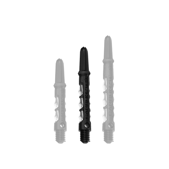 HR417_Harrows_Carbon_ST_Shafts_Clear_40mm_1 Das Bild zeigt drei Harrows Carbon ST Shafts in transparenter Ausführung. Die Dart-Schäfte sind unterschiedlich lang und aus robustem Material gefertigt.