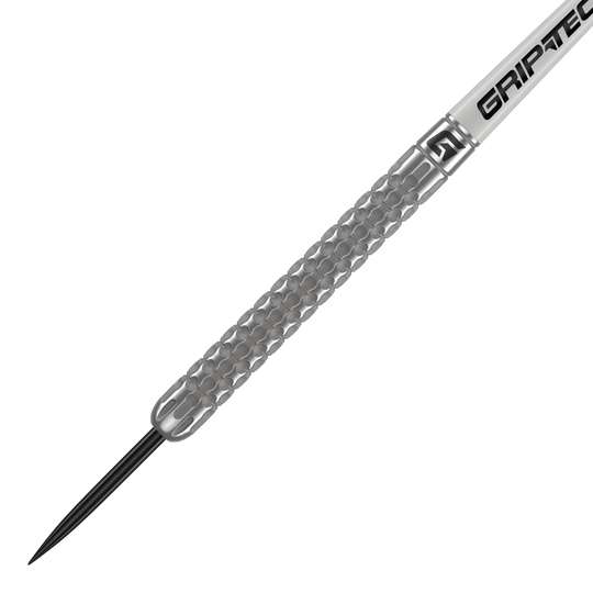 GOAT Fairway V1 Tungsten Steel Darts Das Bild zeigt einen GOAT Fairway V1 Tungsten Steeldart. Der Dart hat eine silberne, strukturierte Oberfläche und eine schwarze Spitze.